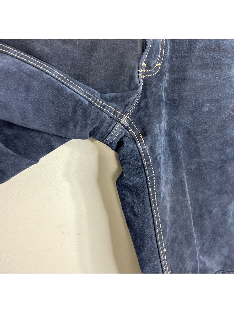 Vintage 80s 90s Wash & Wear genuine suede dark blue high rise slim fit pants 24 - Picture 10 of 15